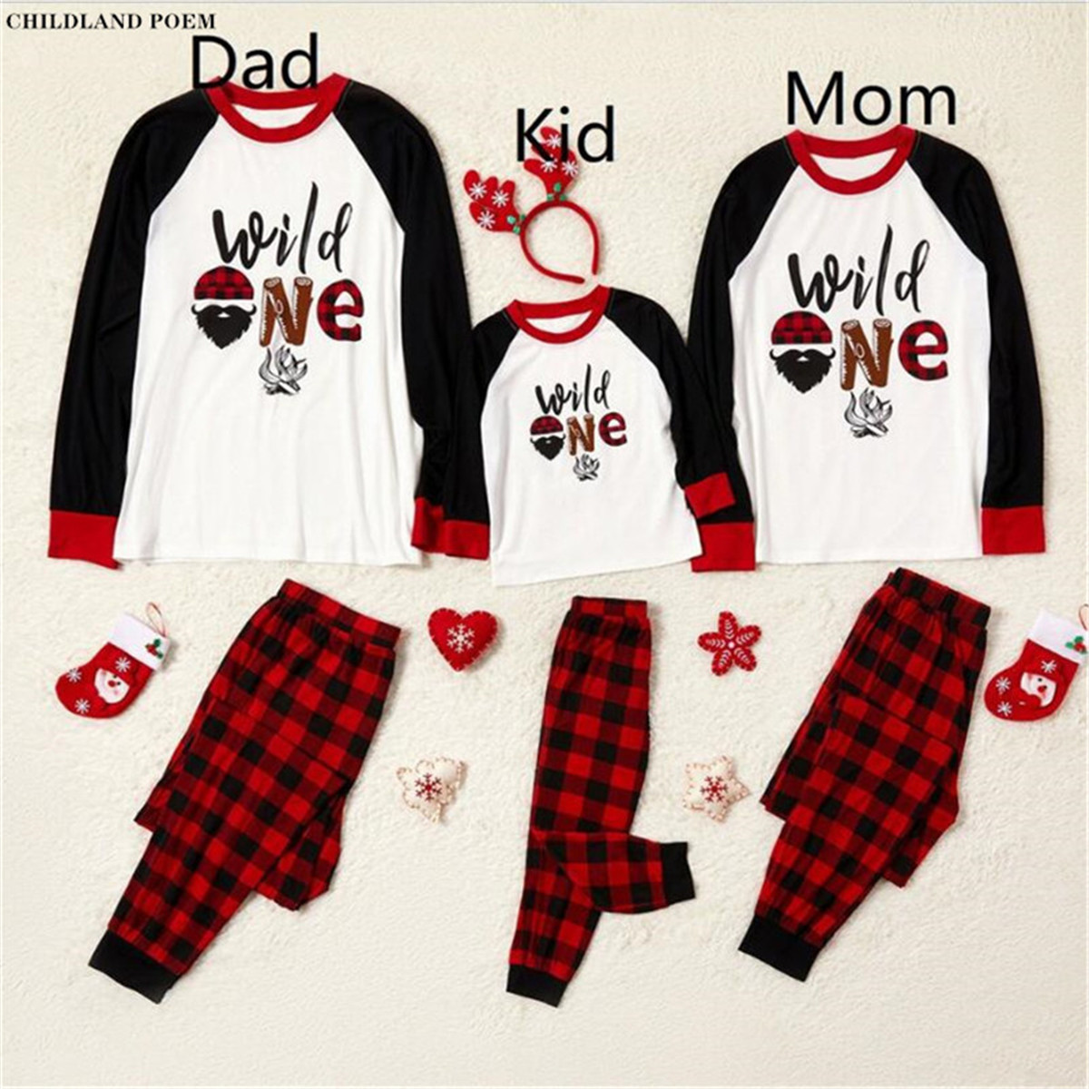 Matching Family Pajamas Sets Christmas PJs with Letter and Plaid Printed Long Sleeve Tee and Pants Loungewear